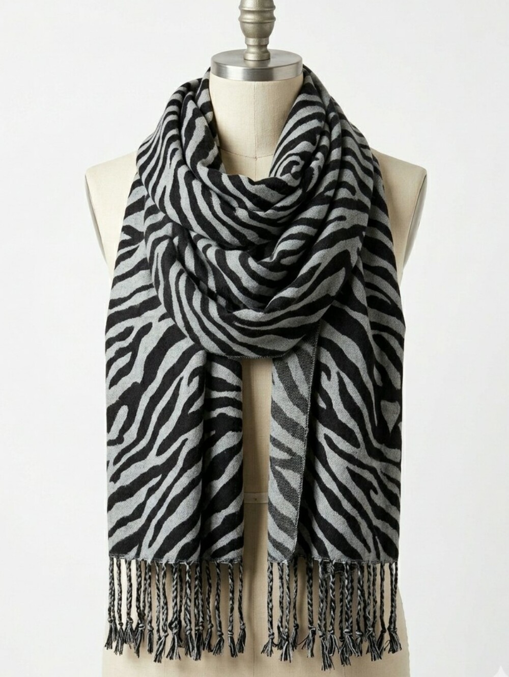 Reversible Black Gray Zebra Stripe Pashmina Scarf Wrap Fringe Animal Print